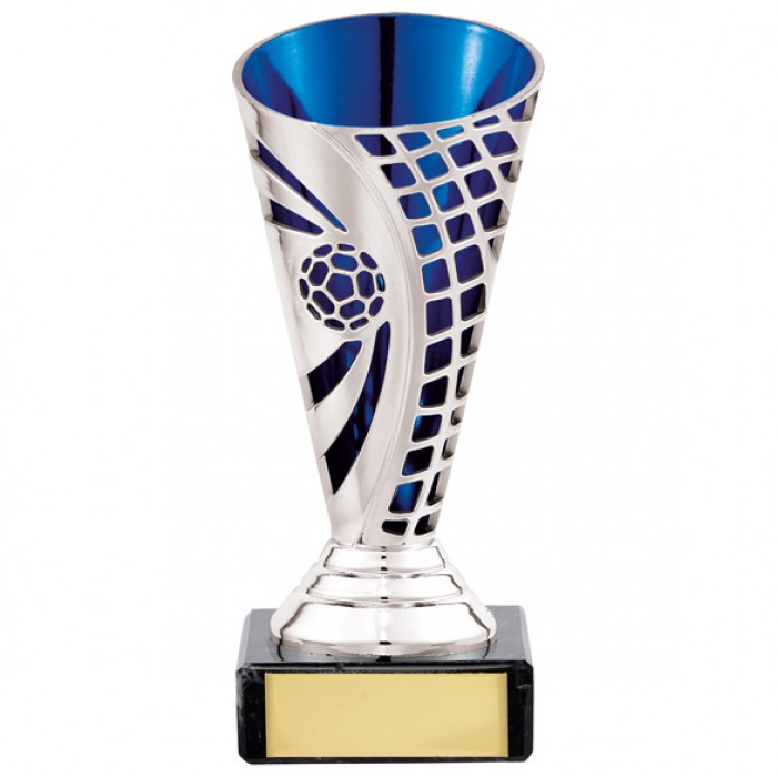 SILVER/BLUE PLASTIC BUDGET FOOTBALL CUPS  - AVAILABLE IN 3 SIZES (14CM - 17CM)